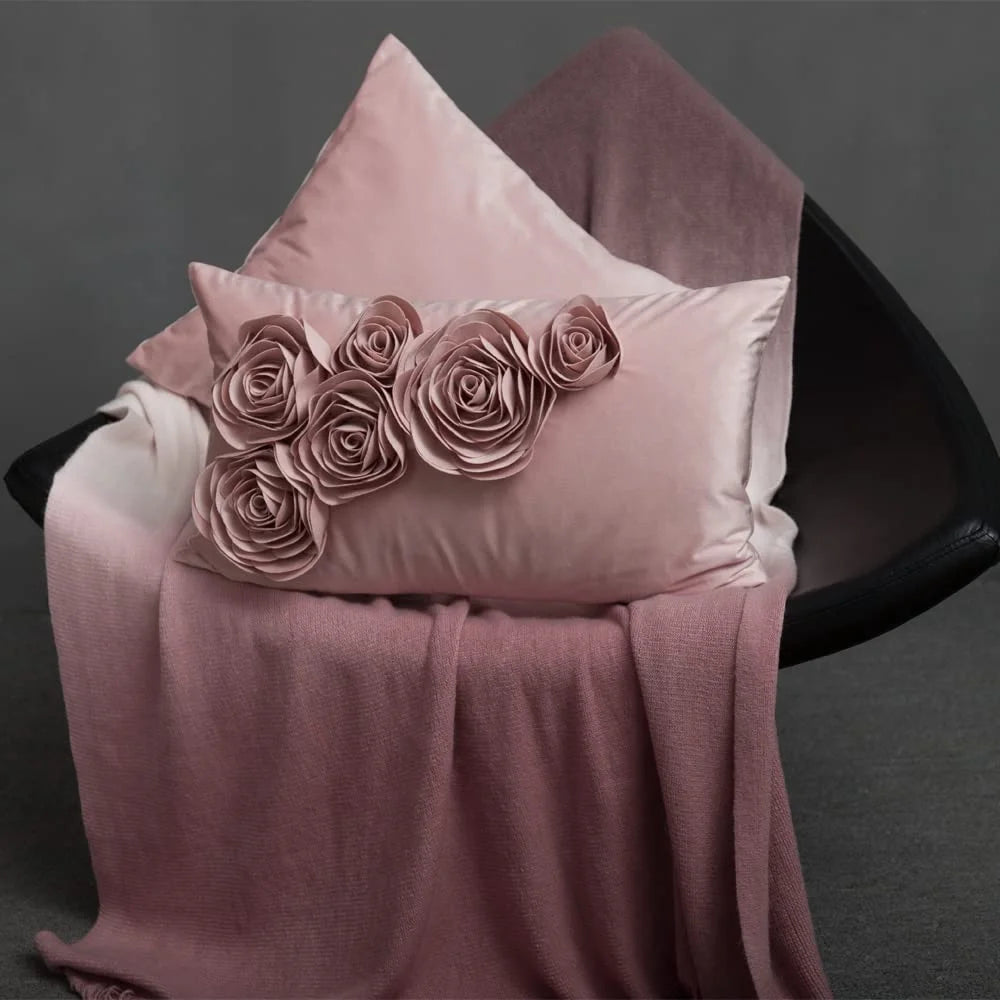 3D Rectangle Velvet Rose Throw Pillow Covers for Modern Decoration and Gift 12 X 20 Inch Rose Gold