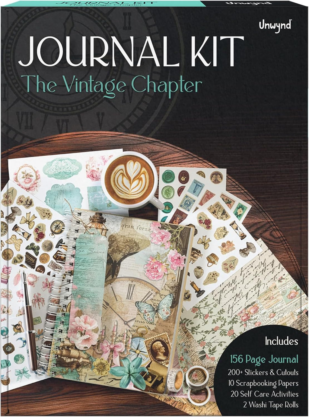 Vintage Chapter Journal Scrapbook Starter Kit for Women Adult Teen | Junk Scrapbook Supplies - Washi Tape, Stickers, Paper, Bullet Art, DIY Journaling Scrapbooks Set - Calligraphy & Sumi Brushes