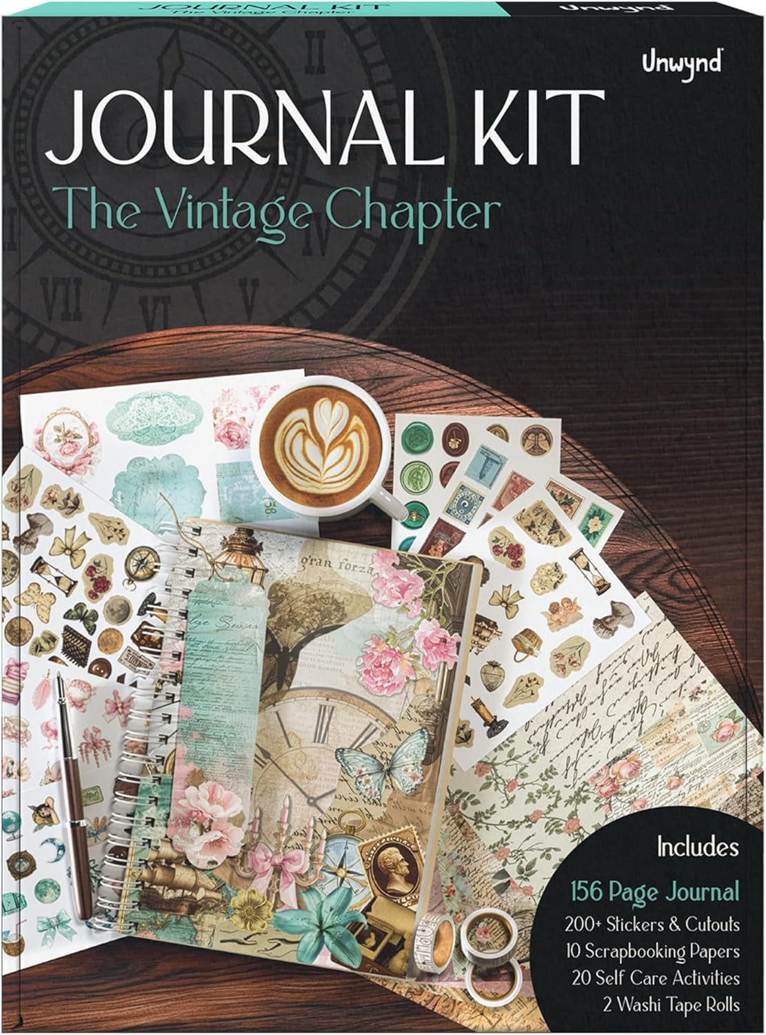 Vintage Chapter Journal Scrapbook Starter Kit for Women Adult Teen | Junk Scrapbook Supplies - Washi Tape, Stickers, Paper, Bullet Art, DIY Journaling Scrapbooks Set - Calligraphy & Sumi Brushes