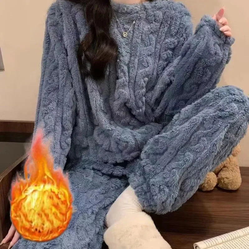 Soft Coral Velvet Jacquard Warm Pajama Set for Women Cozy Loungewear Outerwear for Winter Christmas Valentine'S Day Gift ﻿