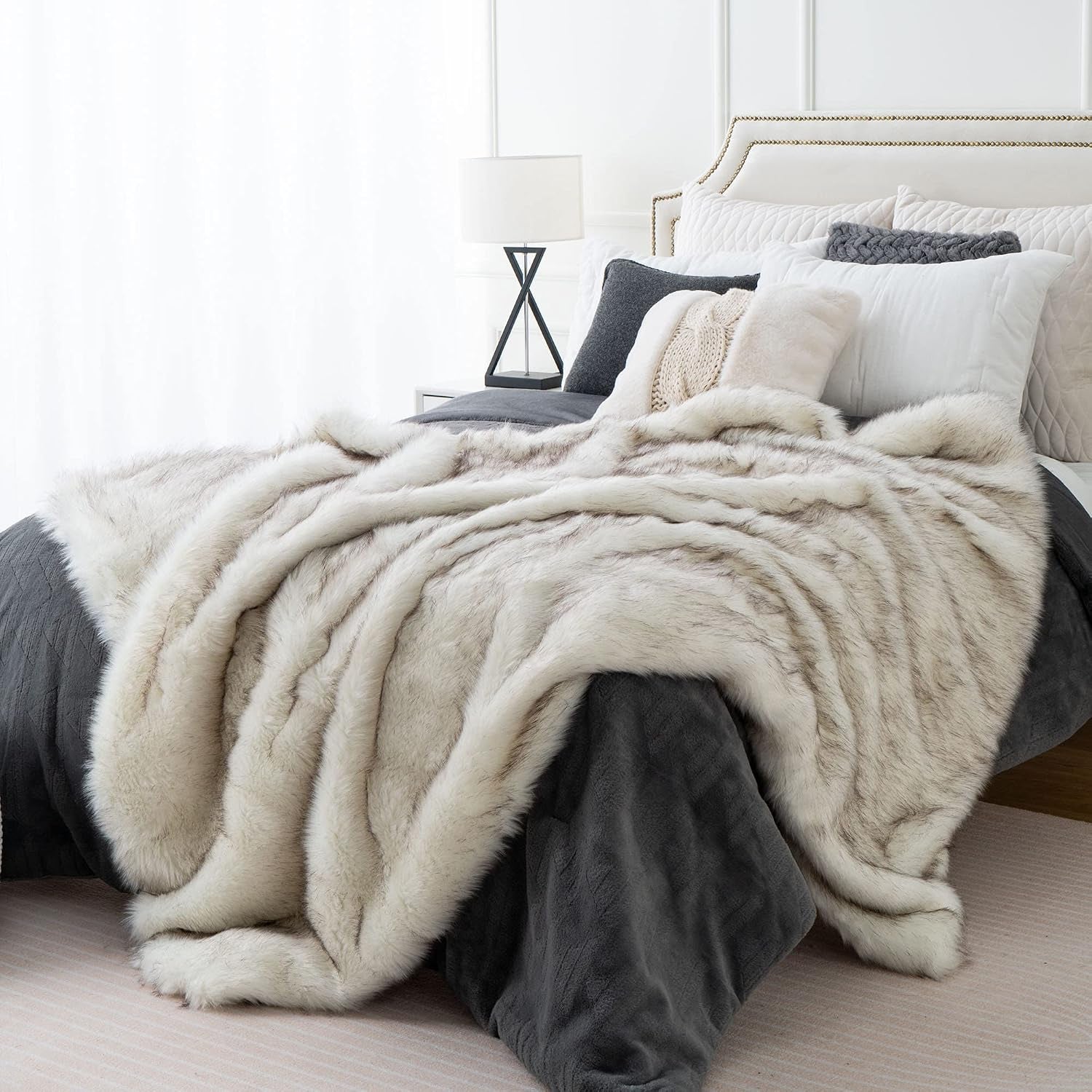 BATTILO Luxury White Faux Fur Throw Blanket for Couch, 60"X80", Tip-Dyed | Large Fuzzy Fluffy Elegant Cozy White Blanket, Super Warm Heavy Thick Faux Fur Blanket for Bed, Living Room