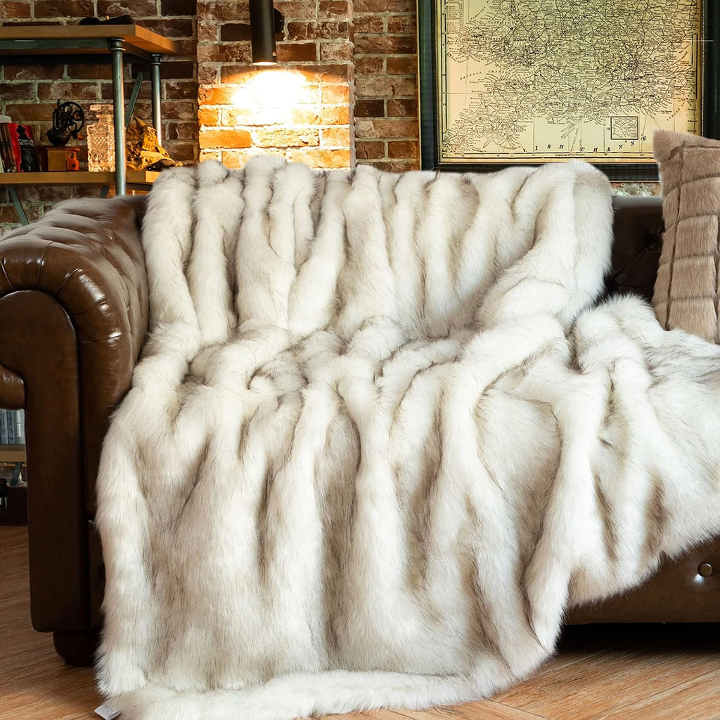 BATTILO Luxury White Faux Fur Throw Blanket for Couch, 60"X80", Tip-Dyed | Large Fuzzy Fluffy Elegant Cozy White Blanket, Super Warm Heavy Thick Faux Fur Blanket for Bed, Living Room