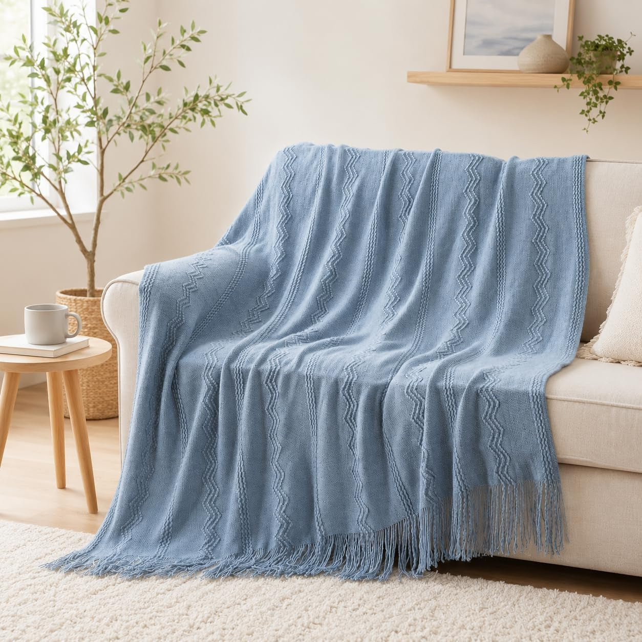 Dusty Blue Throw Blanket for Couch, Soft Knit Throws with Tassels for Home Decor, Blue Blankets and Throws for Bed Sofa, 50"X60"