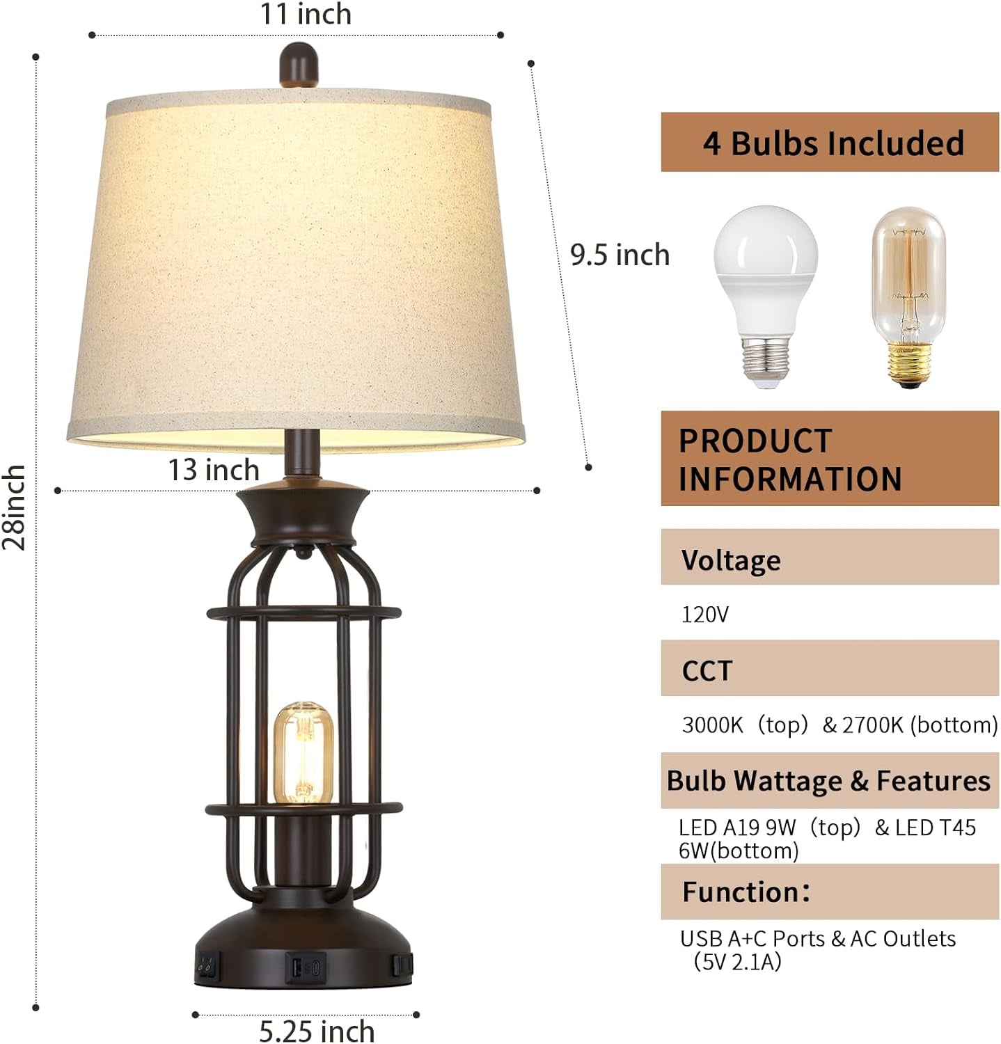 28" Tall Farmhouse Table Lamps Set of 2, Vintage Industrial Table Lamp with USB C+A Ports & Outlet, Modern Rustic Bedside Lamp for Nightstand Living Room Bedroom Side Table Office Brown, 4 LED Bulbs