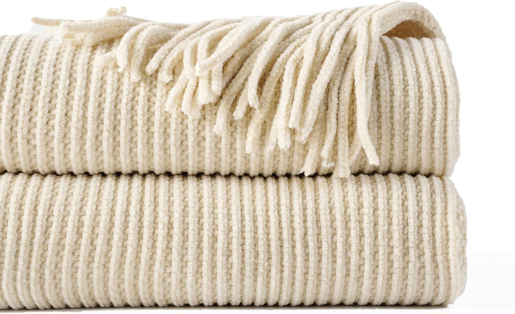 Beige Throw Blanket for Couch, Soft Chenille Knit Throws with Tassels for Home Decor, White Cream Throws for Bed Couch Cover, 60"X80"