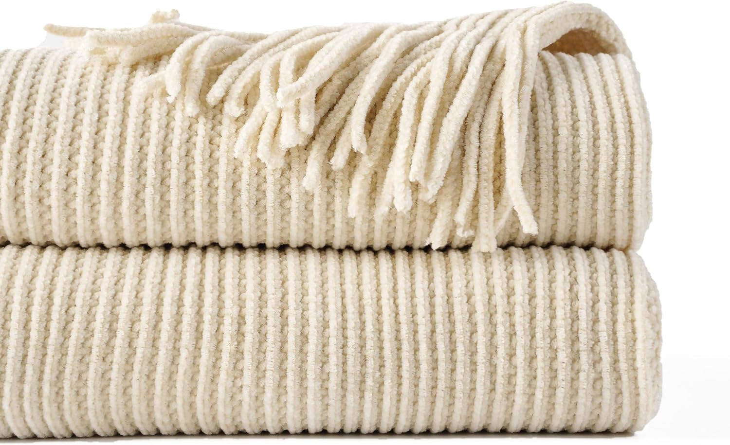 Beige Throw Blanket for Couch, Soft Chenille Knit Throws with Tassels for Home Decor, White Cream Throws for Bed Couch Cover, 60"X80"
