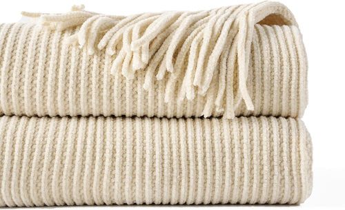 Beige Throw Blanket for Couch, Soft Chenille Knit Throws with Tassels for Home Decor, White Cream Throws for Bed Couch Cover, 60"X80"