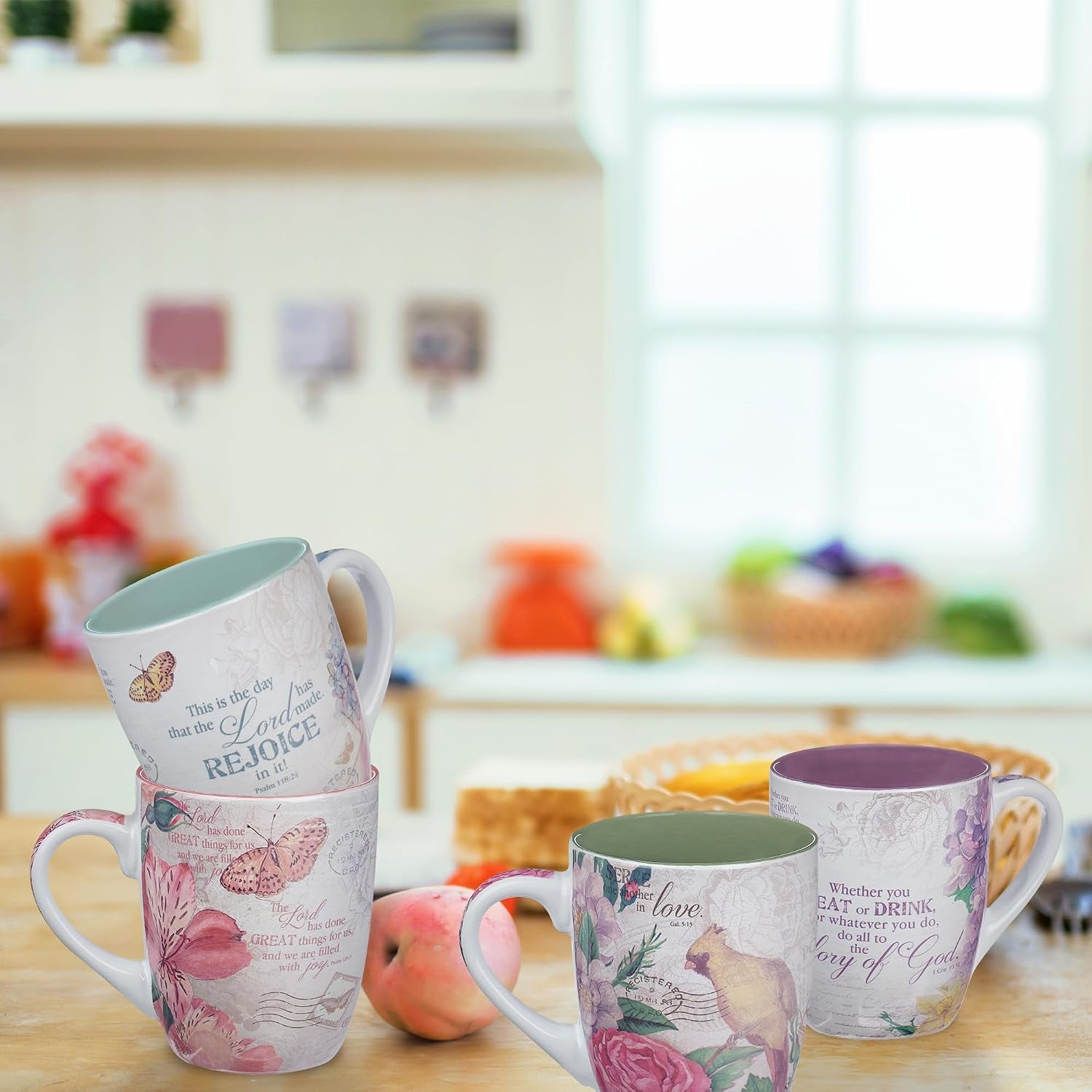 Ceramic Coffee/Tea Mug Set for Women | Vintage Botanic Floral Inspirations Design Bible Verse Mug Set | Boxed Set/4 Coffee Cups