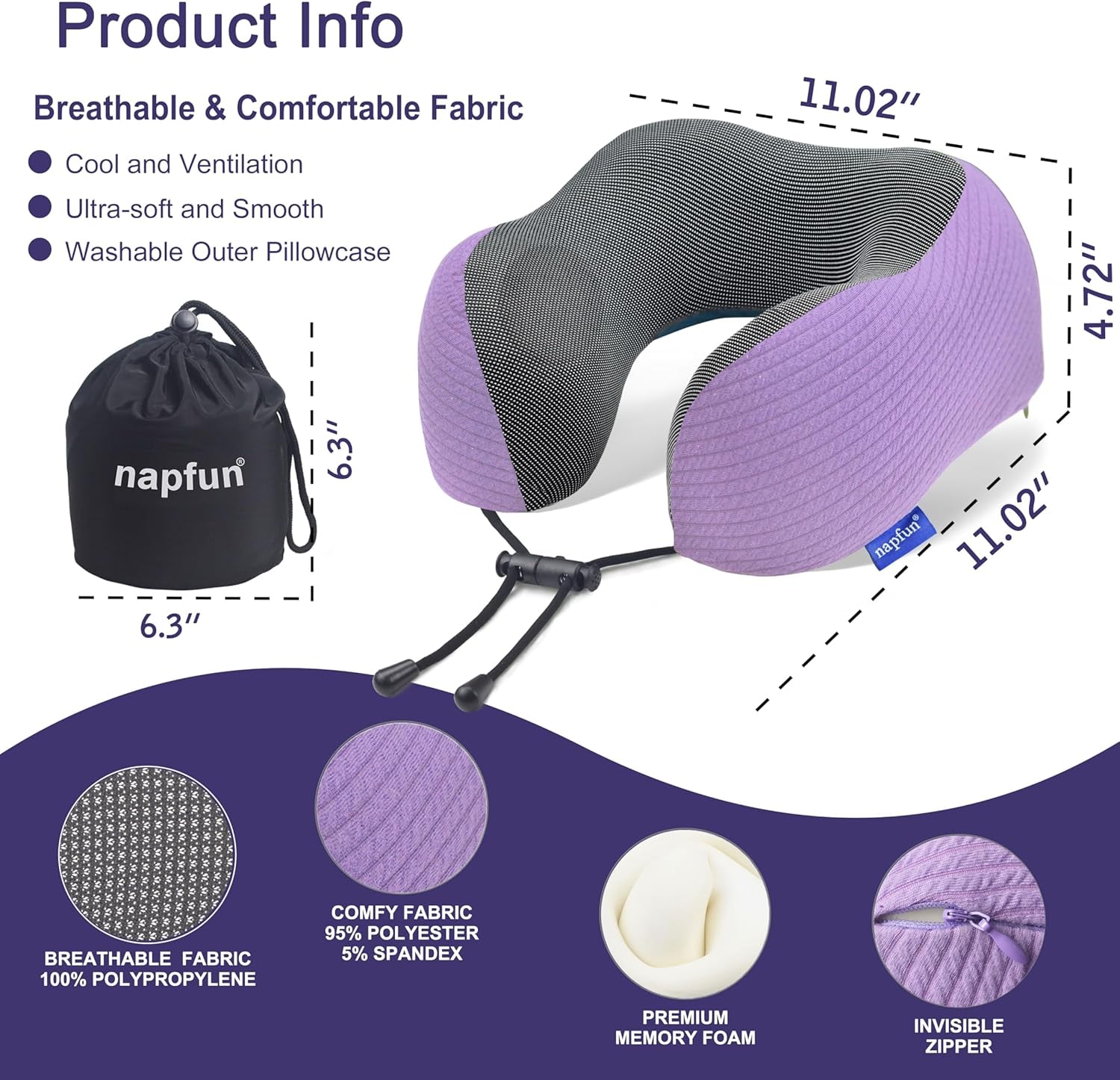 Neck Pillow for Travel with Travel Pouch, Sleep Mask & Earplugs, Memory Foam Airplane Pillow for Headrest Sleep with Eyeshades, Plane Essentials with Eye Blindfold, Light Purple Striped Kit