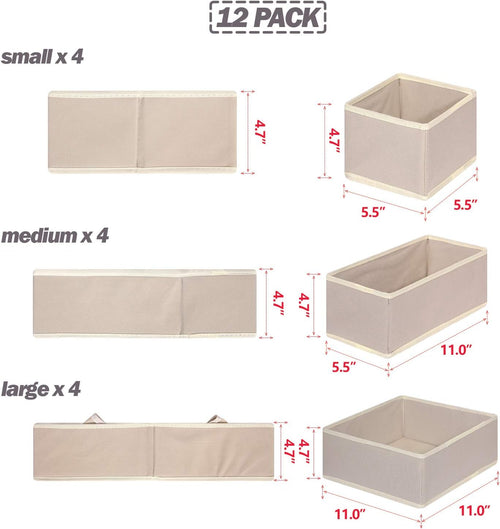 12 Pack Foldable Cloth Storage Box Closet Dresser Drawer Organizer Fabric Baskets Bins Containers Divider for Clothes Underwear Bras Socks Lingerie Clothing, Beige 444