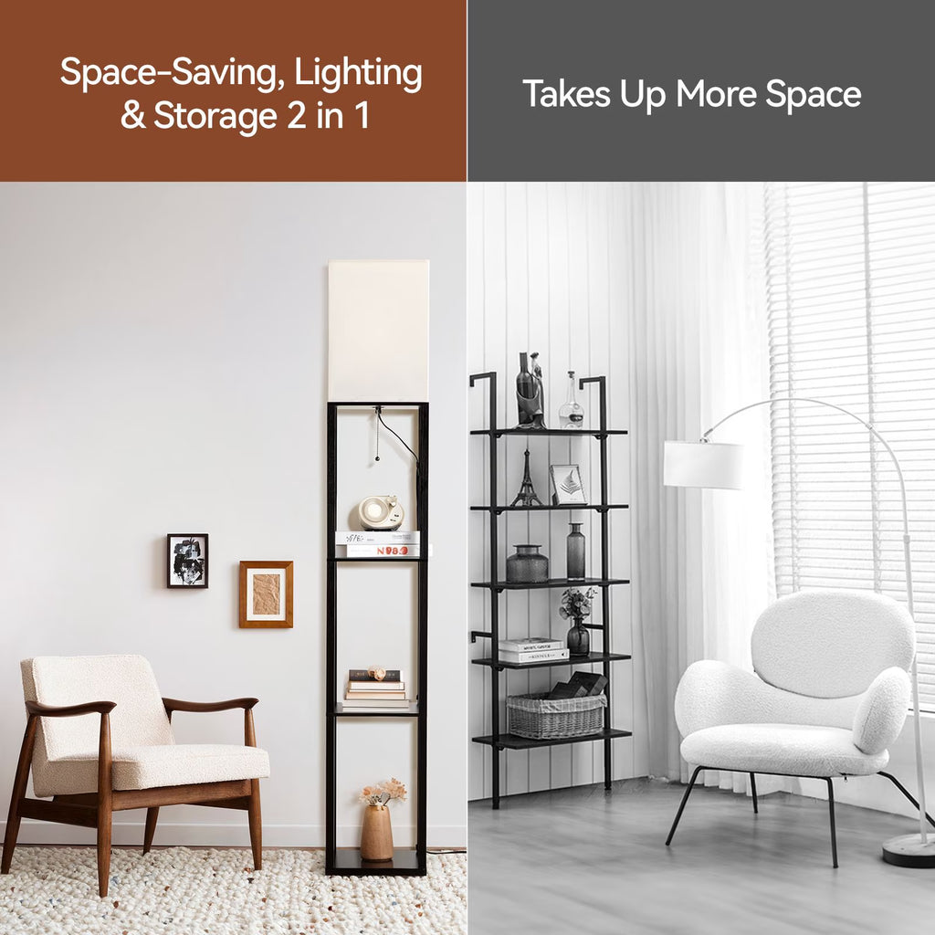 63'' Floor Lamps with Shelves, Home Standing Lamp, Include 1000 Lumens Lighting Bulbs, Shelf Floor Lamp, Black Floor Lamps for Living Room, Bedroom, Lamp with Storage Dustproof, UL Certified