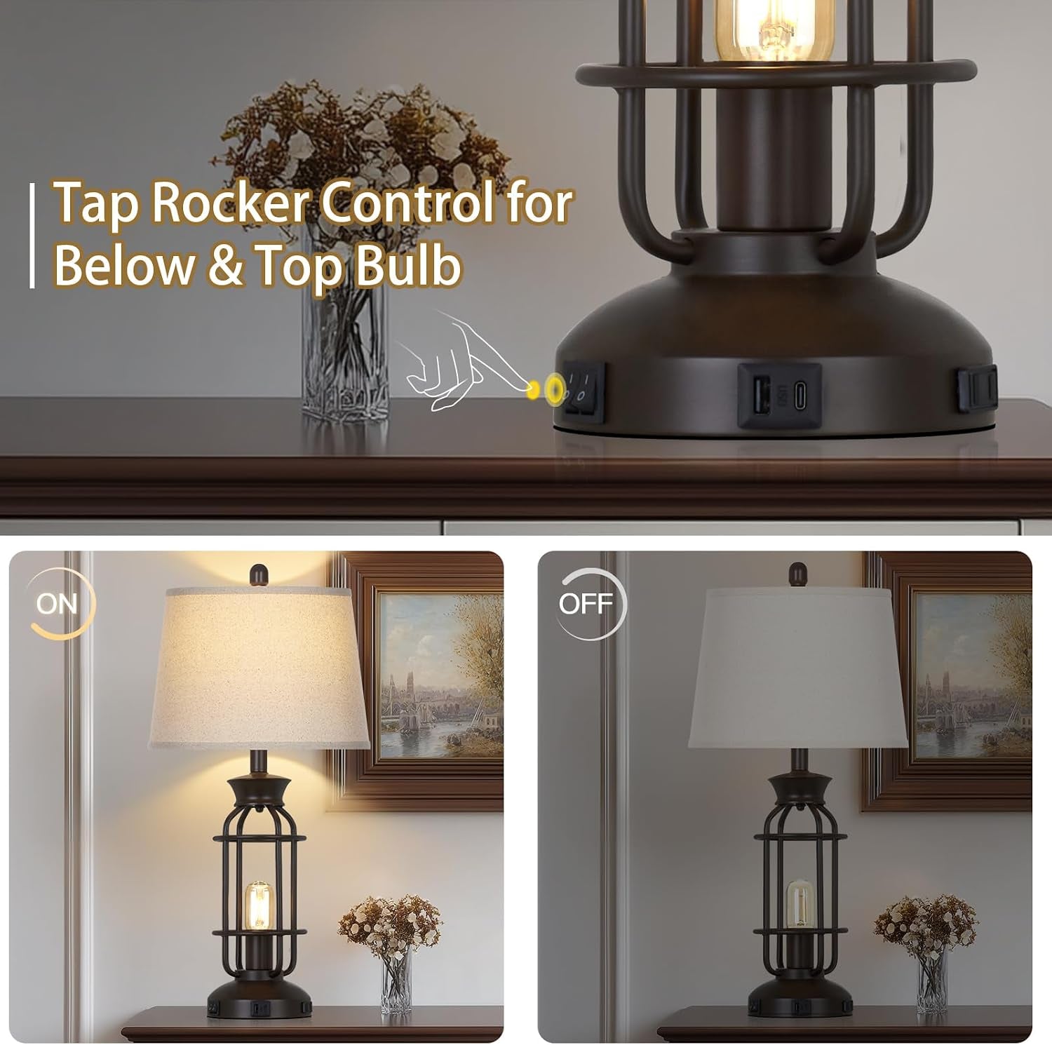 28" Tall Farmhouse Table Lamps Set of 2, Vintage Industrial Table Lamp with USB C+A Ports & Outlet, Modern Rustic Bedside Lamp for Nightstand Living Room Bedroom Side Table Office Brown, 4 LED Bulbs