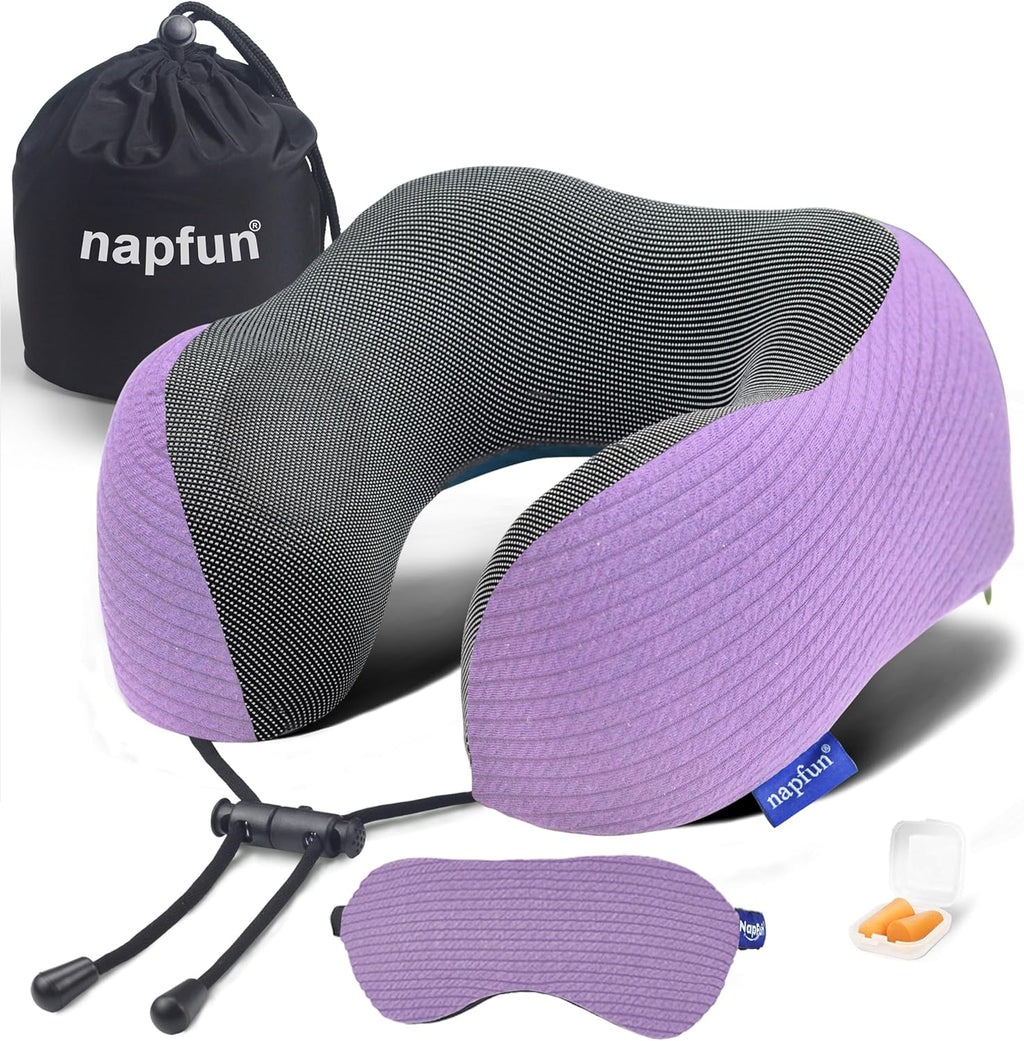 Neck Pillow for Travel with Travel Pouch, Sleep Mask & Earplugs, Memory Foam Airplane Pillow for Headrest Sleep with Eyeshades, Plane Essentials with Eye Blindfold, Light Purple Striped Kit