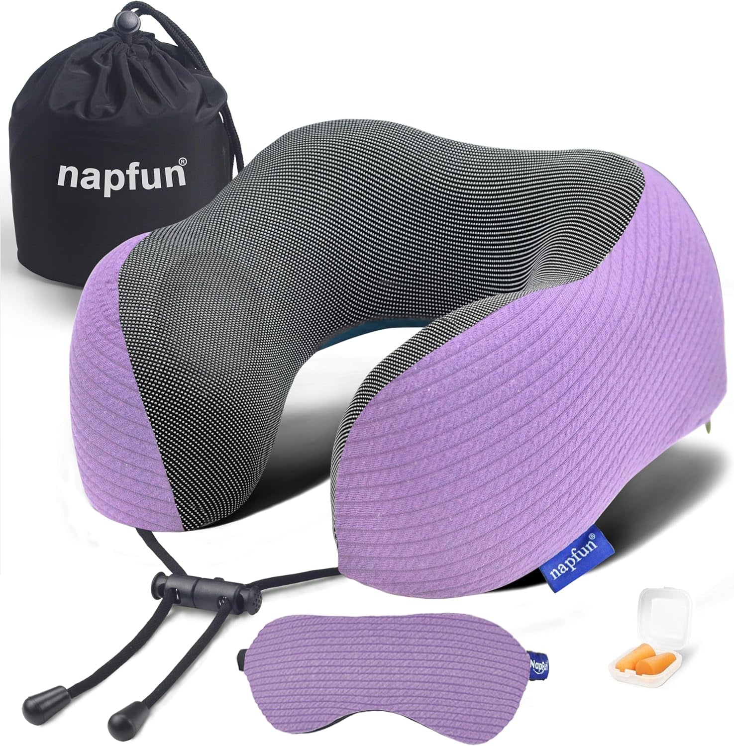 Neck Pillow for Travel with Travel Pouch, Sleep Mask & Earplugs, Memory Foam Airplane Pillow for Headrest Sleep with Eyeshades, Plane Essentials with Eye Blindfold, Light Purple Striped Kit