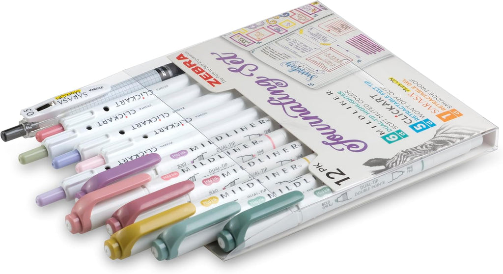 Journaling Set, MILDLINER, Clickart & SARASA, Assorted, 12-Pack | Includes 6 MILDLINER Highlighters, 5 Clickart Felt Tip Pens & 1 SARASA Markon Pen, Ideal for Bible Study & Note-Taking (14012