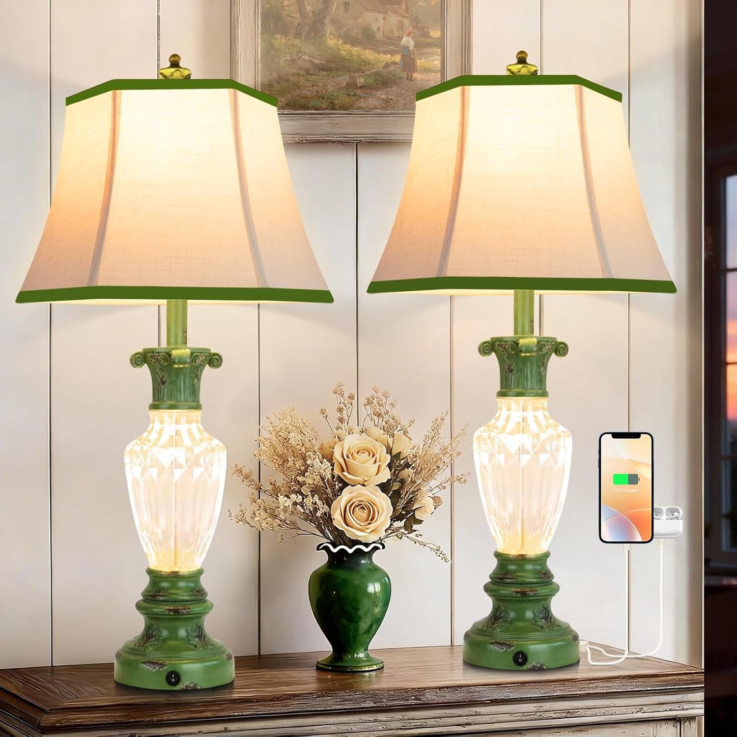28.5" Vintage Green Table Lamps Set of 2 with Glass Nightlight | Farmhouse Lamps for Living Room Bedroom, 3-Color Temperature Bedside Lamp, Vintage Resin Lamp with Nightlight, Bulbs Included