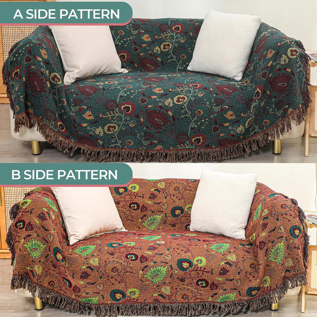 100% Cotton Green Floral Boho Throw Blanket for Bed 90"X98" | 4-Layer Gauze Breathable Muslin Blanket,Soft Lightweight All Season Quilt with Fringe,Multi-Purpose Blanket,Ideal Gift