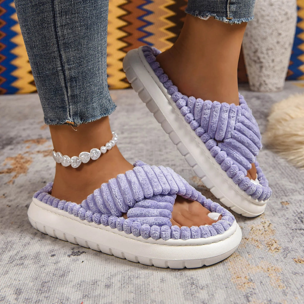 Slippers for Women Corduroy Cross Band Strap Open Toe Comfy Anti-Skid Bedroom House Slide Shoes