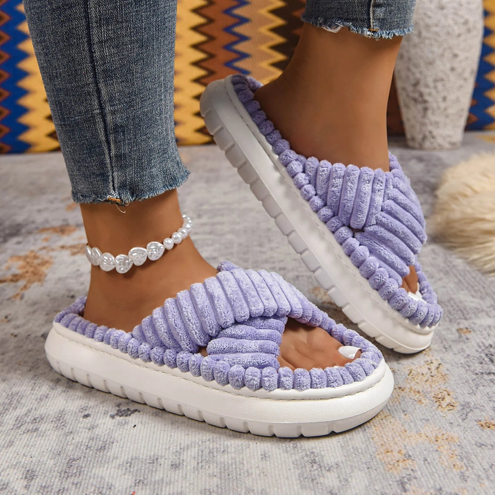 Slippers for Women Corduroy Cross Band Strap Open Toe Comfy Anti-Skid Bedroom House Slide Shoes