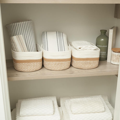 Beautiful Storage Basket Set of 3 - Sturdy Jute Rope Baskets for Shelves Are Perfect for Organizing Your Home - Quality Storage Bins Easily Fit with Any Nursery or Bedroom Decor