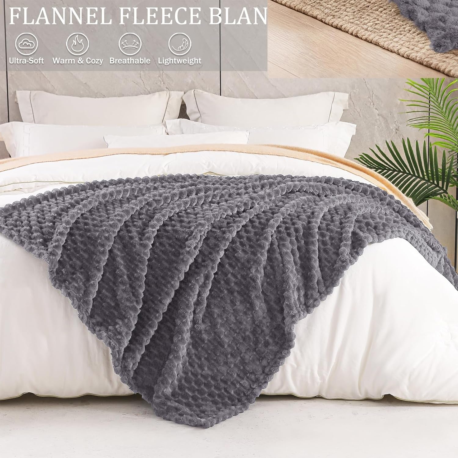 3D Fleece Twin Size Blanket for Bed, Dark Grey | Extra Soft Fuzzy Plush Lightweight Bed Blankets, Cozy Fluffy Decorative Blankets for All Seasons, 60X80 Inches