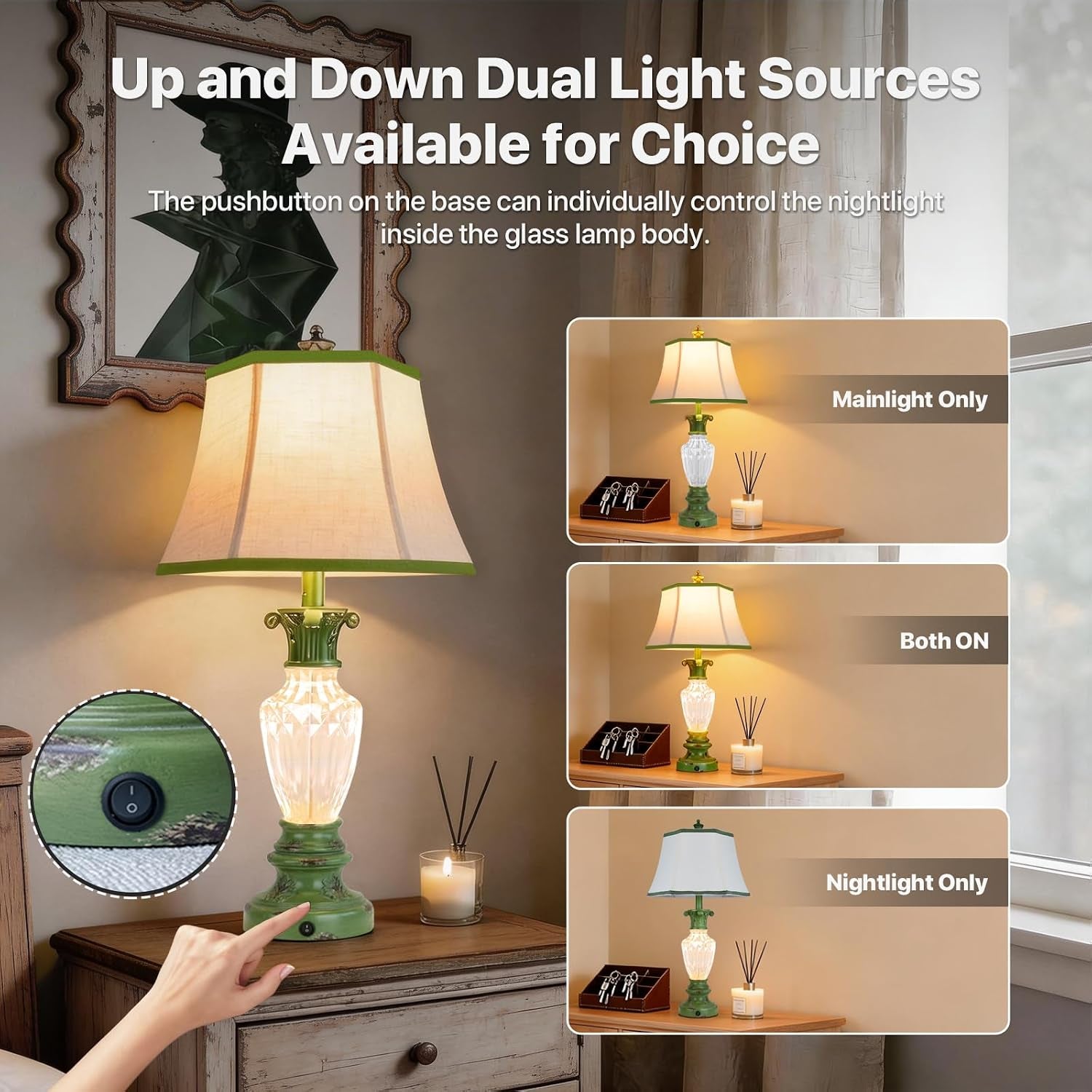 28.5" Vintage Green Table Lamps Set of 2 with Glass Nightlight | Farmhouse Lamps for Living Room Bedroom, 3-Color Temperature Bedside Lamp, Vintage Resin Lamp with Nightlight, Bulbs Included