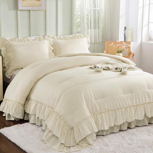 Beige Ruffle Comforter Set, Queen