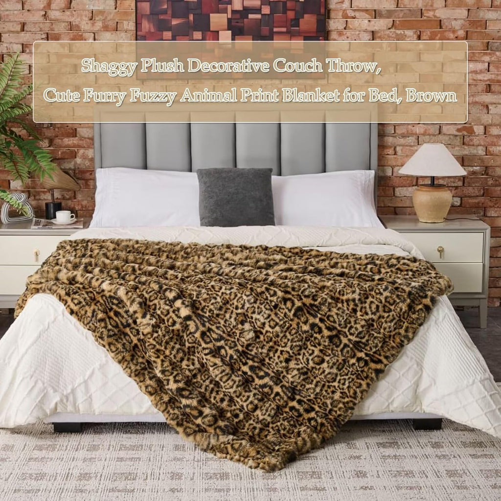 760GSM Faux Rabbit Faux Fur Throw Blanket,Super Thick Warm Bubble Blanket Throw,Fuzzy Luxury Plush Decorative Blanket for Couch Bed Sofa(Leopard Brown,80''X 90'')
