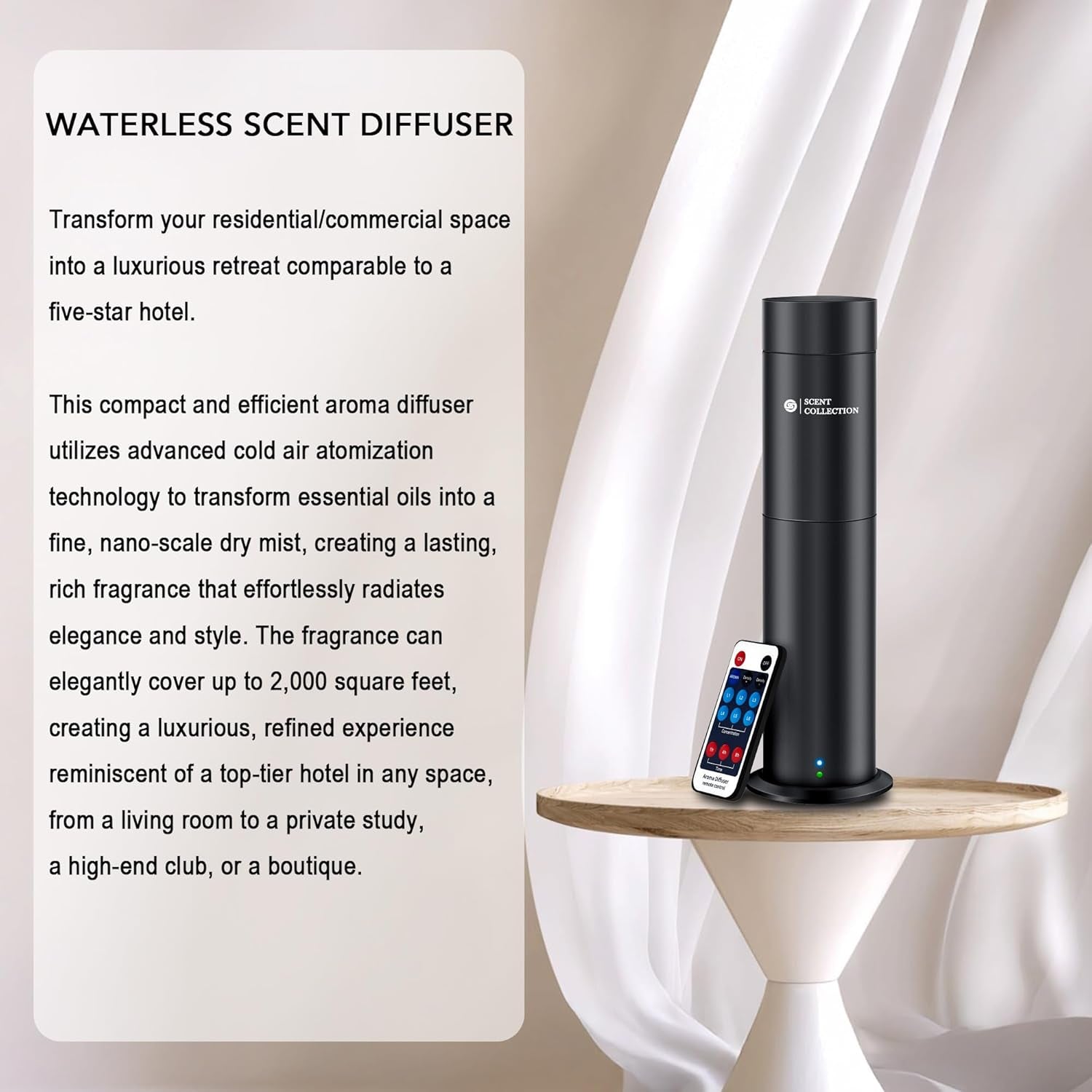 Hotel Waterless Scent Diffuser with 6 Fragrance Oils Covers up to 700 Sq Ft | Cold Air Scent Diffuser with APP Control, 6 Fragrance Oils, Open Bottle Design, Quiet Operation, for Home/Office/Hotel/Ect.