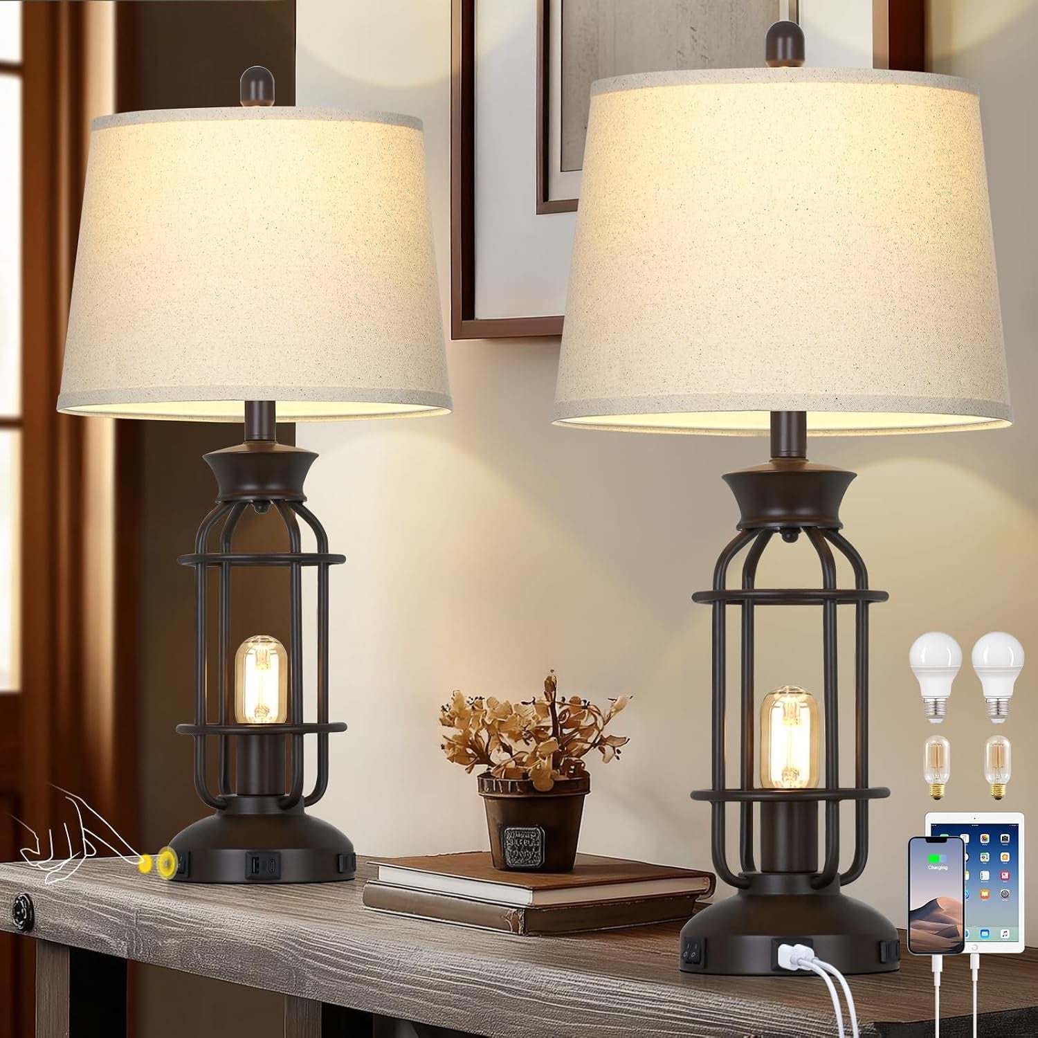 28" Tall Farmhouse Table Lamps Set of 2, Vintage Industrial Table Lamp with USB C+A Ports & Outlet, Modern Rustic Bedside Lamp for Nightstand Living Room Bedroom Side Table Office Brown, 4 LED Bulbs