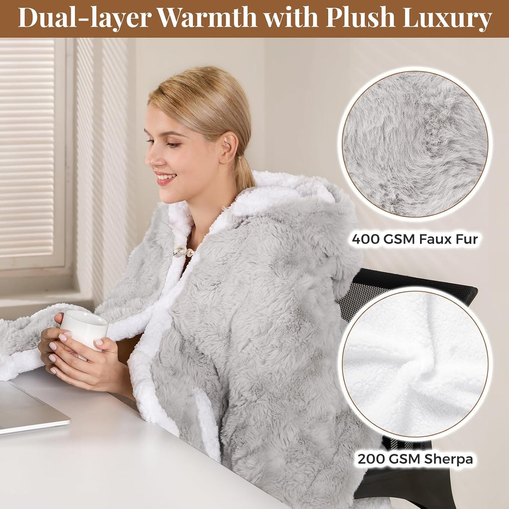 Wearable Heated Blanket Hoodie, Luxury Faux Fur & Sherpa Electric Throw Blanket, Heated Shawl Wraps Poncho with Pockets for Women Men, 3 Heat Levels & 12H Timer, ETL & FCC Certified 40"X70" Light Grey