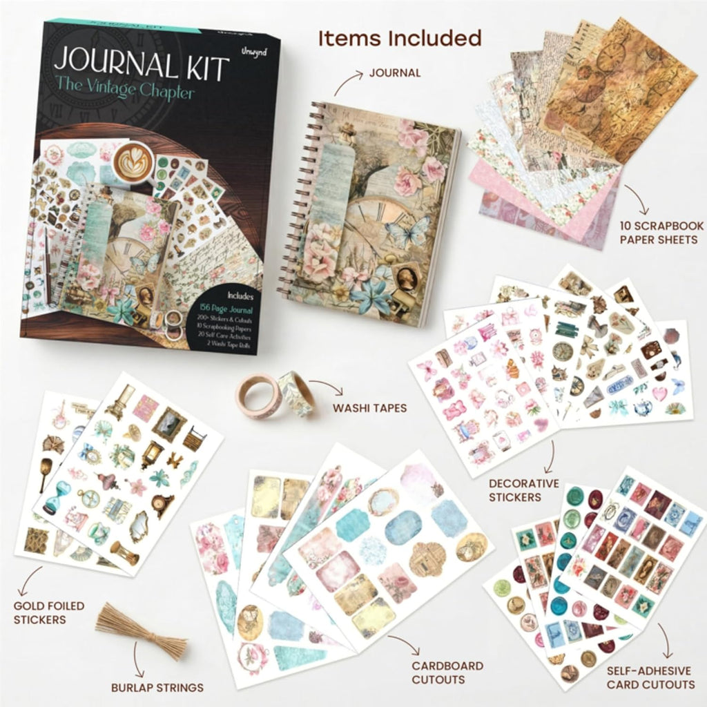 Vintage Chapter Journal Scrapbook Starter Kit for Women Adult Teen | Junk Scrapbook Supplies - Washi Tape, Stickers, Paper, Bullet Art, DIY Journaling Scrapbooks Set - Calligraphy & Sumi Brushes