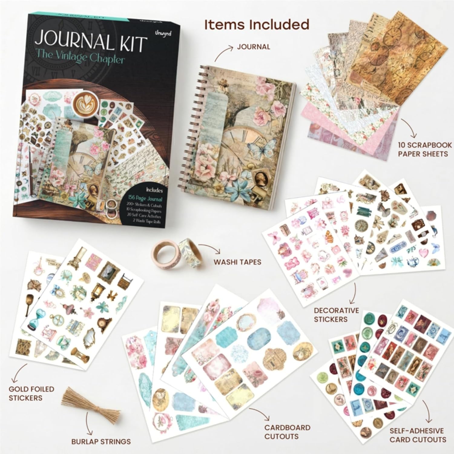 Vintage Chapter Journal Scrapbook Starter Kit for Women Adult Teen | Junk Scrapbook Supplies - Washi Tape, Stickers, Paper, Bullet Art, DIY Journaling Scrapbooks Set - Calligraphy & Sumi Brushes