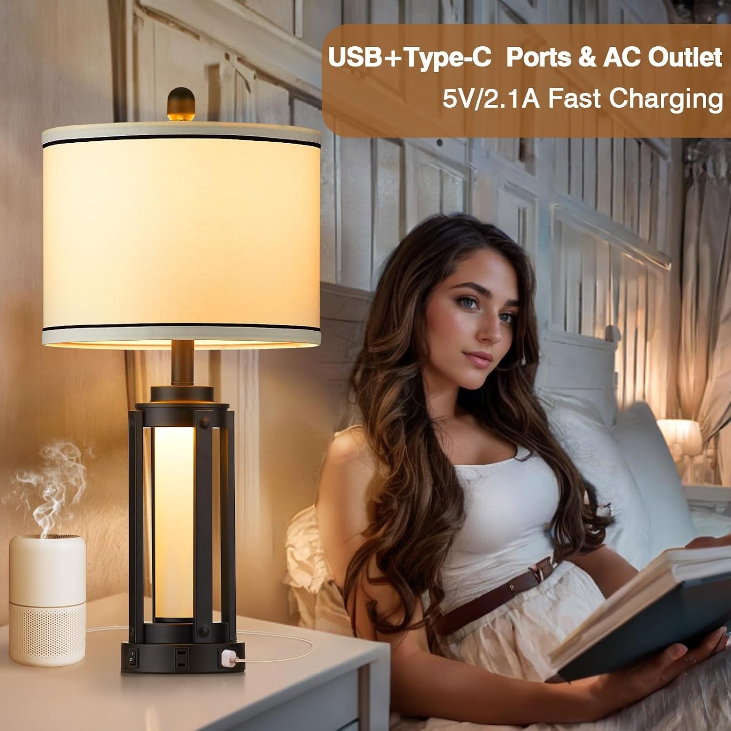 Industrial Table Lamps Set of 2, Modern beside Lamp with USB A+C Charging Ports & AC Outlet, Rustic Nightstand Lamp with LED Night Light for Living Room Bedroom End Table Entryway Black Bulbs Included