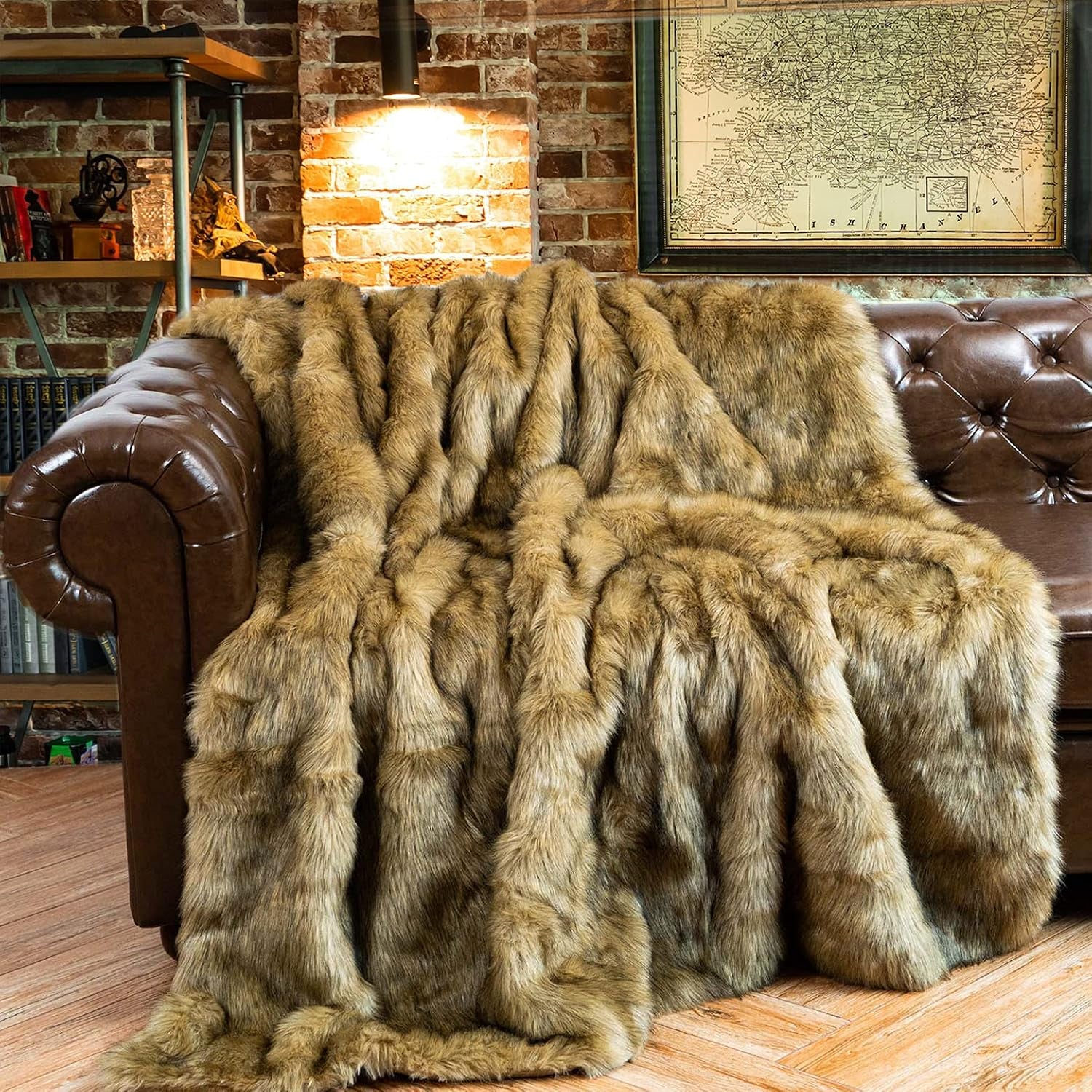 BATTILO Golden Faux Fur Throw Blanket for Couch, 50"X60", Thick Warm | Luxury Soft Cozy Plush Elegant Furry Fluffy Faux Fur Blanket for Bed, Sofa, Living Room, Long Pile with Black Tips