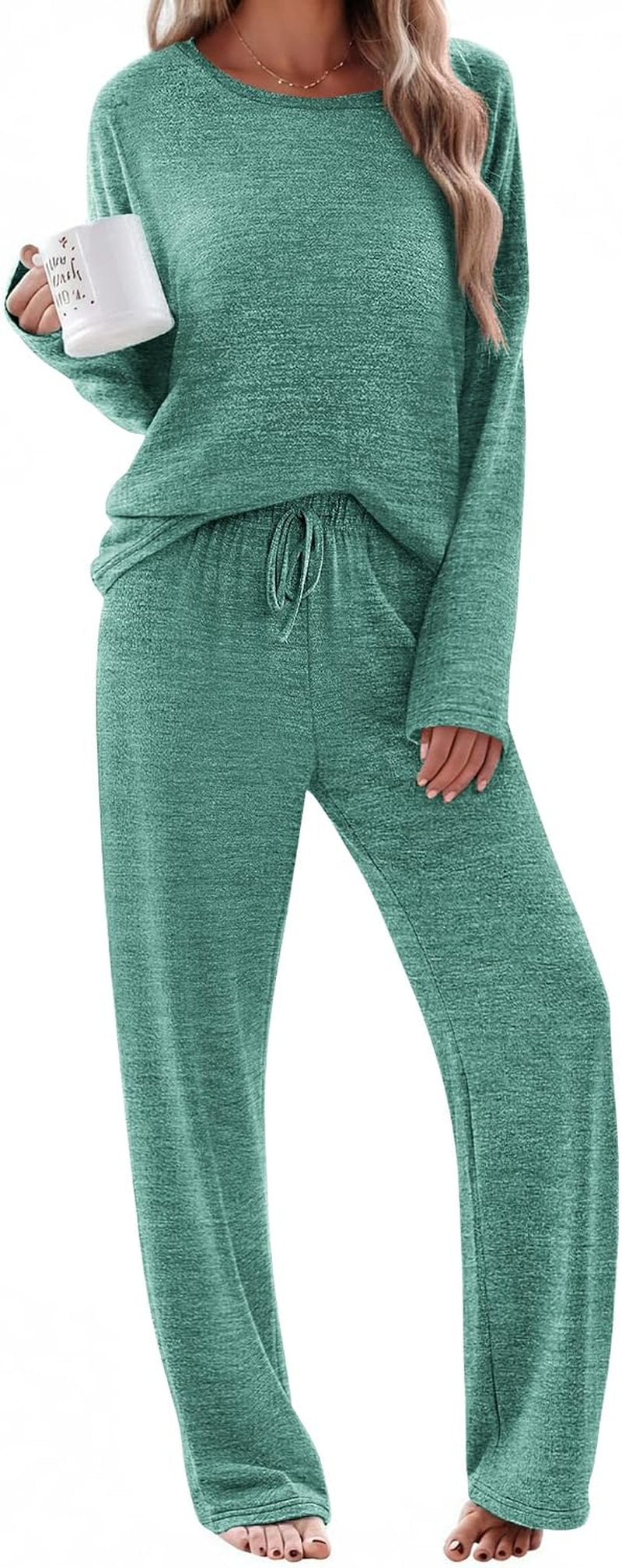 Pajama Set Womens Long Sleeve Sleepwear Pullover Top and Pants Cozy Loungewear Soft Pjs Lounge Set with Pockets S-XXL