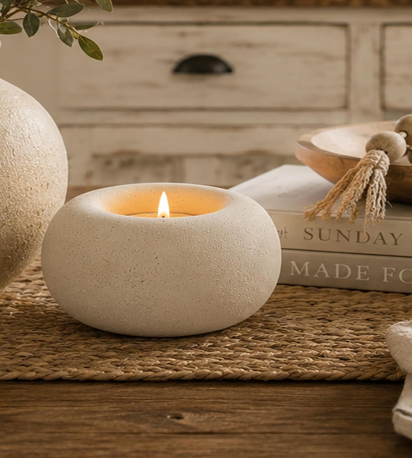 White Ceramic Candle Holder Home Table Decor - Farmhouse Tea Light Holders | Boho Heart Shaped Minimalist Decorative Candle Holder for Coffee Table Centerpiece Wedding Dining Living Roomhouse Decoration