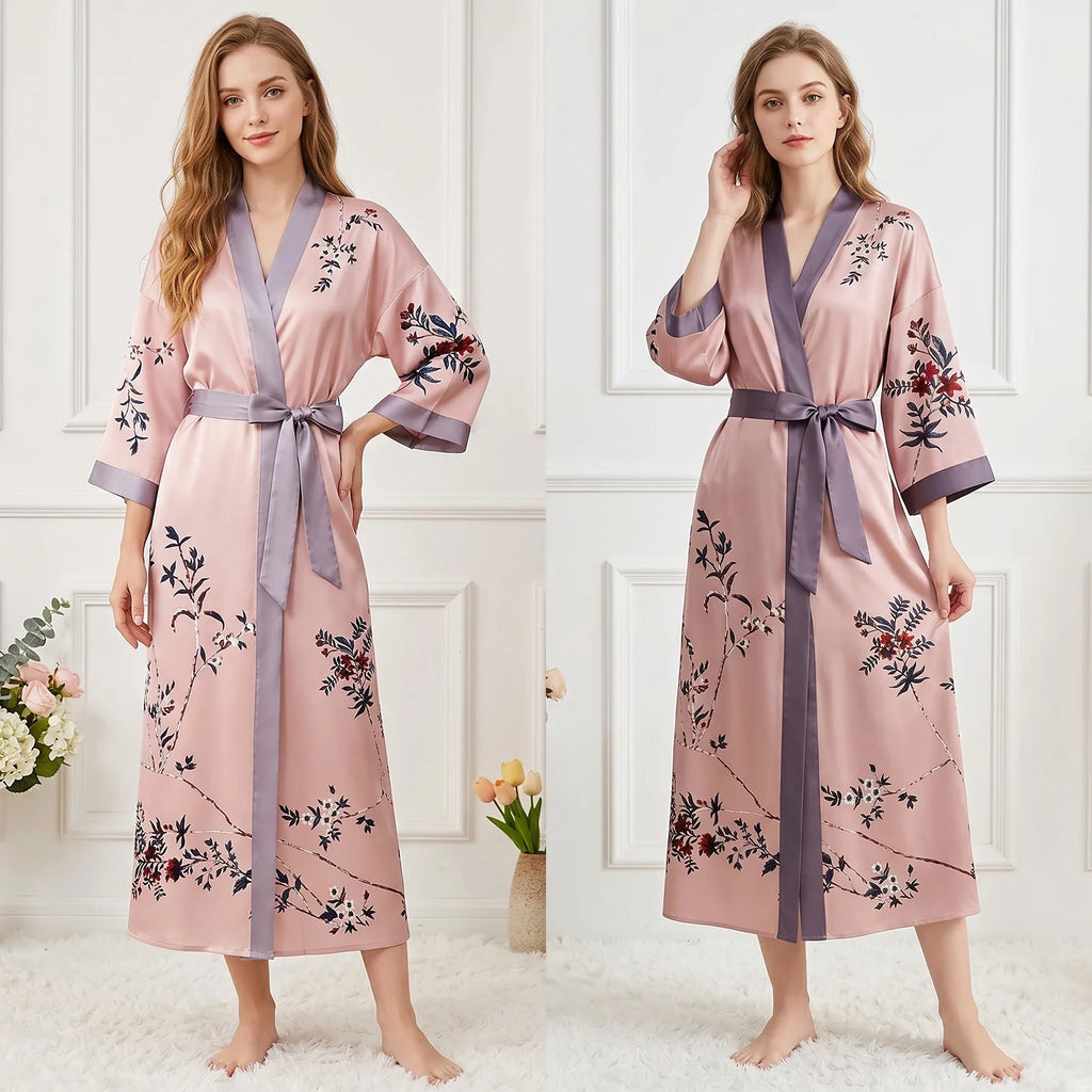 Long Silky Kimono Robes for Women Lightweight Silky Satin Floral Bathrobe Soft Cozy Ladies Housecoat Loungewear