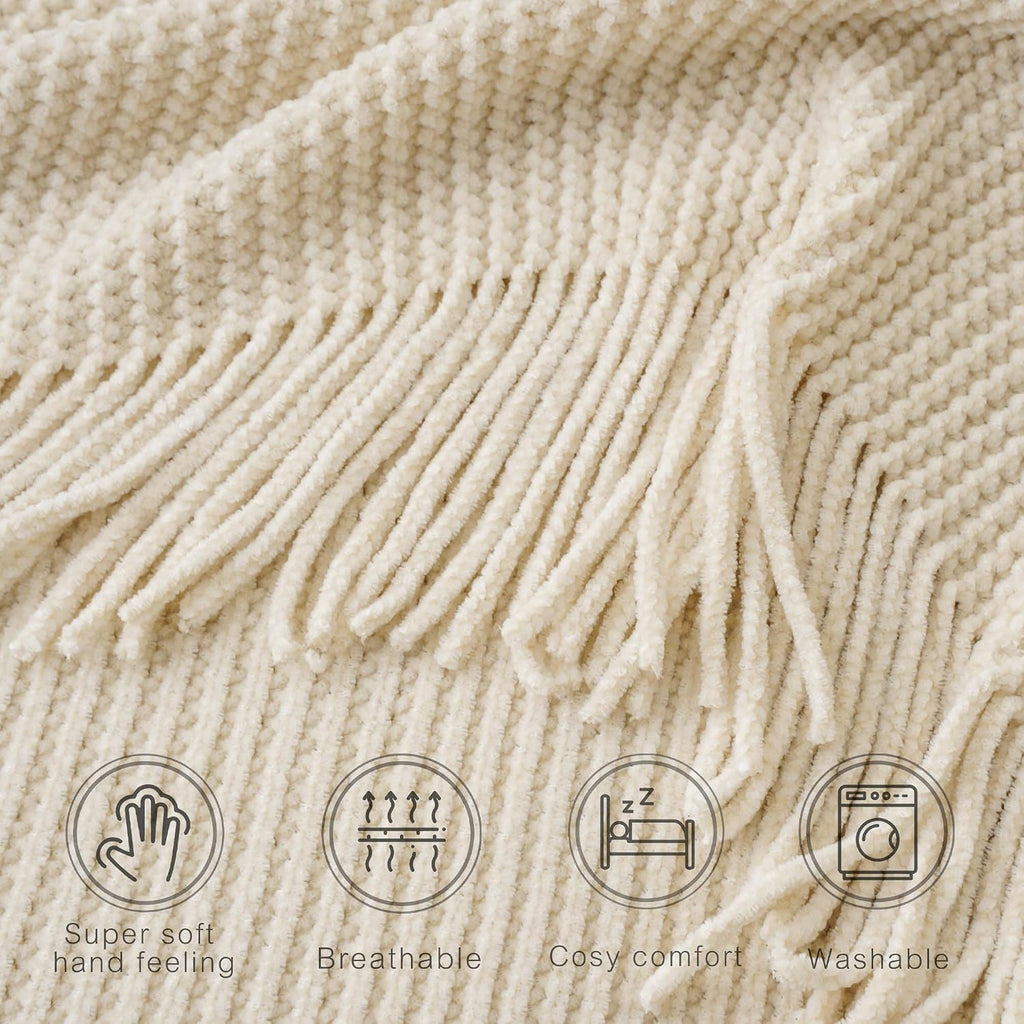 Beige Throw Blanket for Couch, Soft Chenille Knit Throws with Tassels for Home Decor, White Cream Throws for Bed Couch Cover, 60"X80"