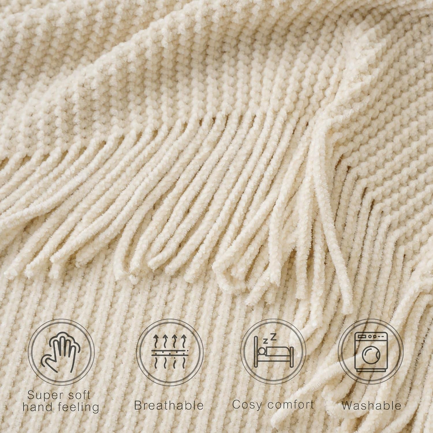 Beige Throw Blanket for Couch, Soft Chenille Knit Throws with Tassels for Home Decor, White Cream Throws for Bed Couch Cover, 60"X80"