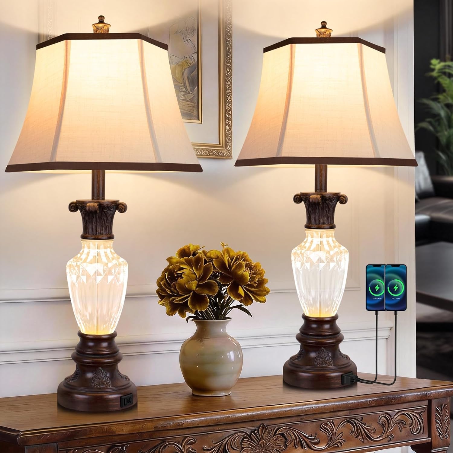 28.5" Table Lamps Set of 2, Vintage Glass Nightstand Lamps with USB Ports | Farmhouse Lamps for Living Room Bedroom, 3-Color Temperatures Bedside Lamp, Resin Brown Lamp with Nightlight, Bulbs Included