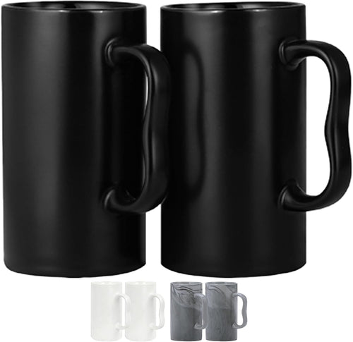 20 Oz Large Ceramic Coffee Mugs,Tall Beer Cups with Big M Handle,600Ml Oversized Bulk Porcelain Latte Cappuccino Espresso XL Cup Set of 2 for Men and Women Gifts Black