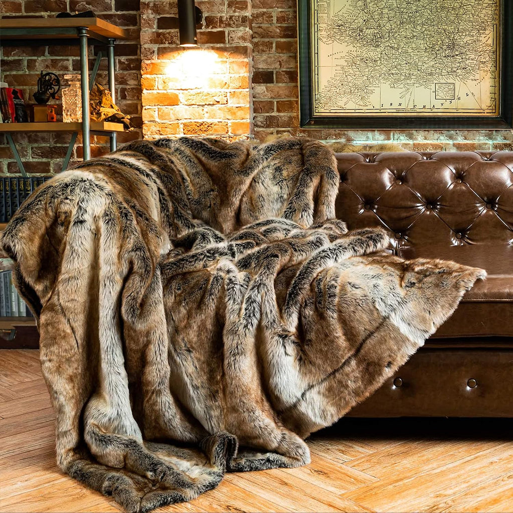 BATTILO Luxury Brown Faux Fur Throw Blanket for Couch,50"X60", Shaggy | Super Thick Warm Elegant Cozy Plush Furry Fuzzy Fluffy Faux Fur Blankets for Bed, Sofa, Living Room, Home Decor