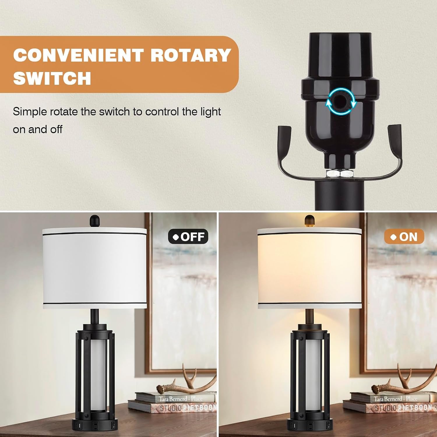 Industrial Table Lamps Set of 2, Modern beside Lamp with USB A+C Charging Ports & AC Outlet, Rustic Nightstand Lamp with LED Night Light for Living Room Bedroom End Table Entryway Black Bulbs Included
