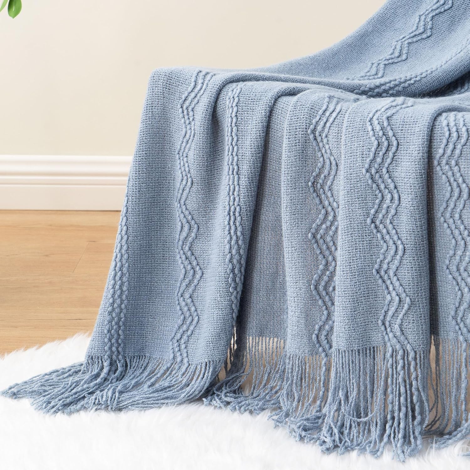Dusty Blue Throw Blanket for Couch, Soft Knit Throws with Tassels for Home Decor, Blue Blankets and Throws for Bed Sofa, 50"X60"