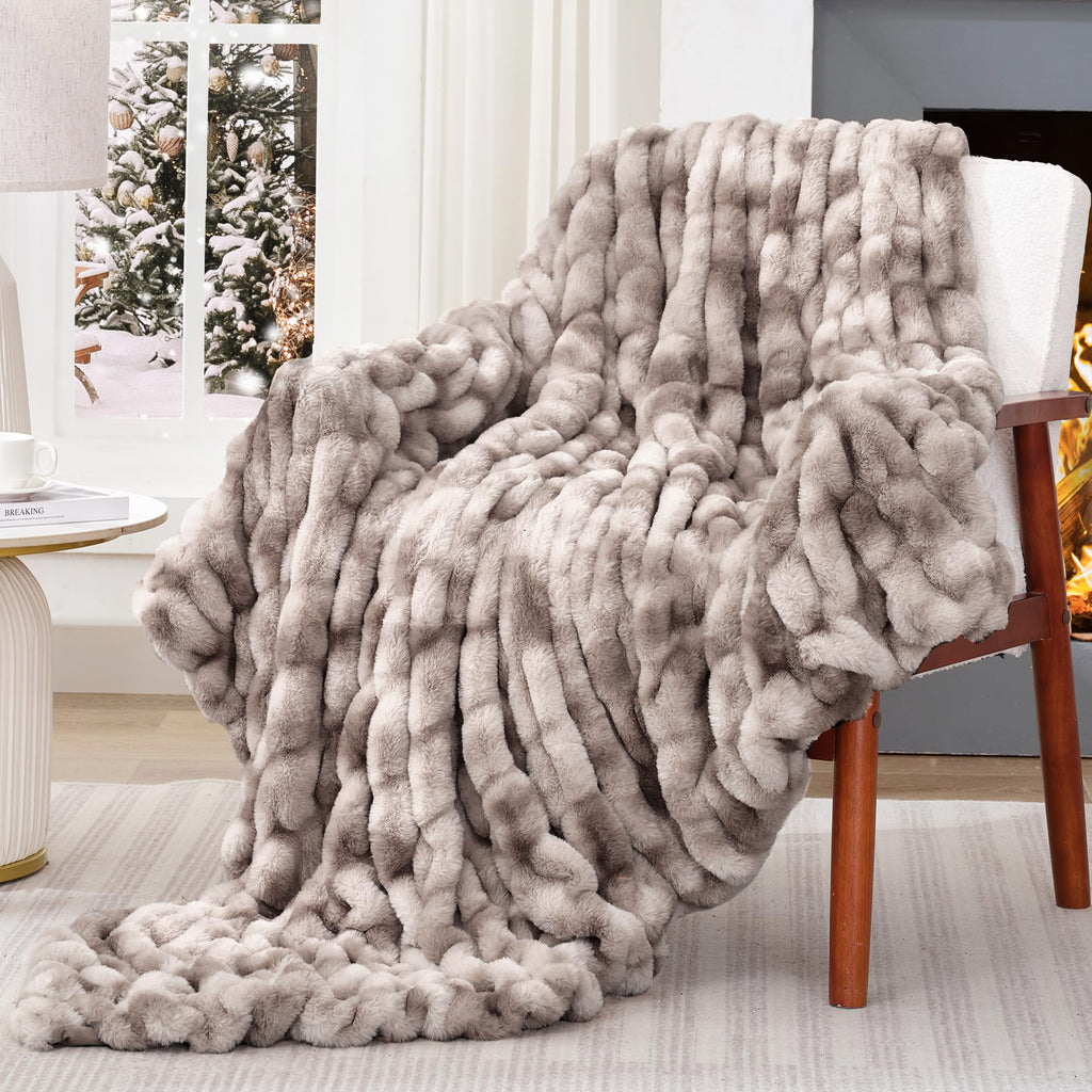 Touchat Ruched Faux Rabbit Fur Throw Blanket 700 GSM Luxury Dual-Sided Soft Cozy Blanket Fuzzy Fluffy Plush Blanket for Bed Couch and Sofa - 50"x60" Tie-dye Coffee