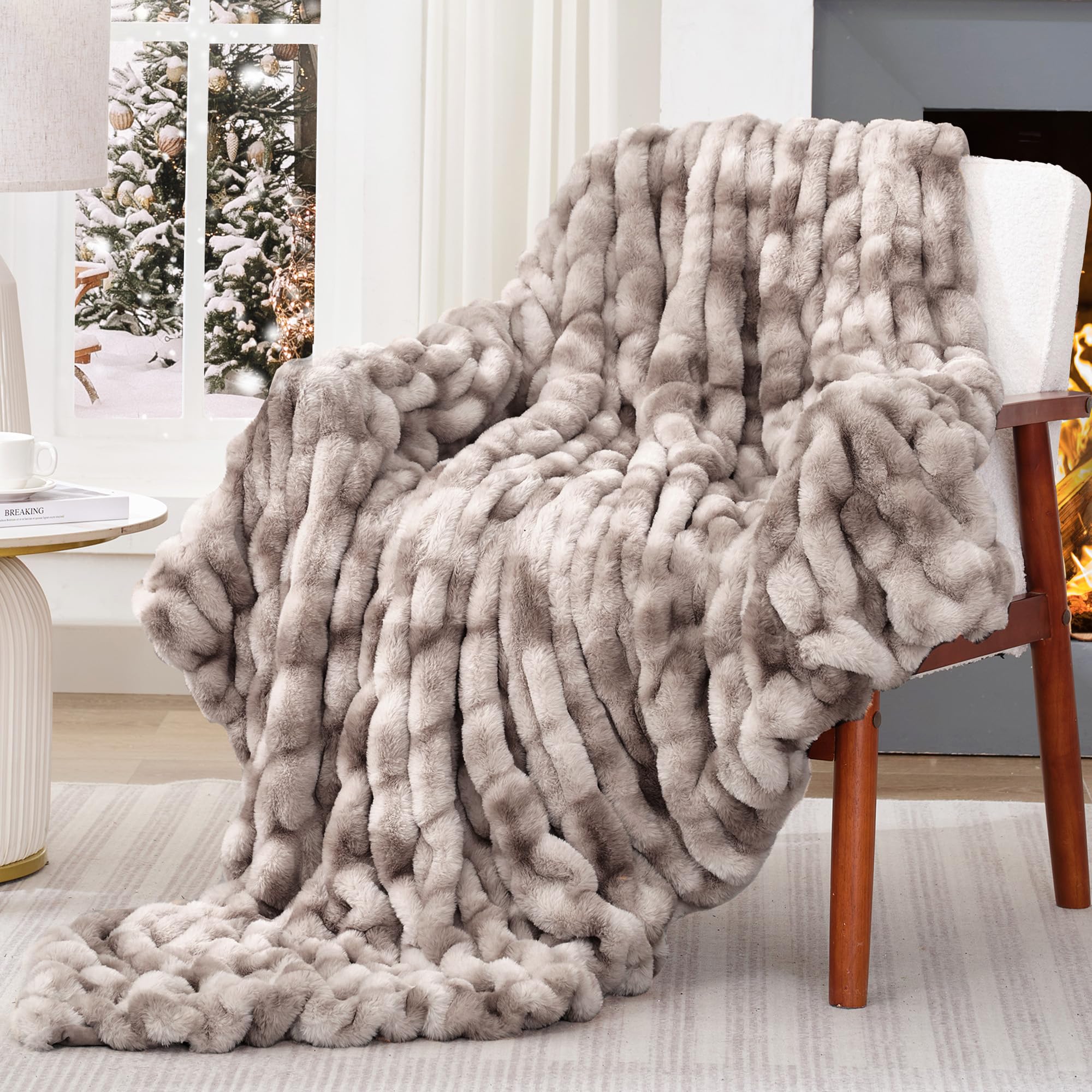 Touchat Ruched Faux Rabbit Fur Throw Blanket 700 GSM Luxury Dual-Sided Soft Cozy Blanket Fuzzy Fluffy Plush Blanket for Bed Couch and Sofa - 50"x60" Tie-dye Coffee