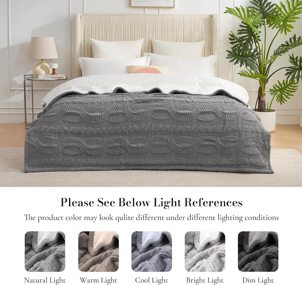 Cable Knit Throw Blanket for Couch, Chenille Sherpa Soft Cozy Throw Blankets for Sofa Chair Comfortable Home, 50"X60", Gray