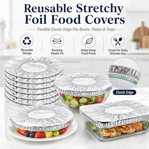 50 Pack Reusable Aluminum Foil Food Covers Stretchy Elastic Edge Bowl Plate Tray Lids Heat Retaining Food Grade Cover for Picnic Takeout Leftovers Meal Prep BBQ Sandwich Burrito Outdoor Dining(50Pcs)