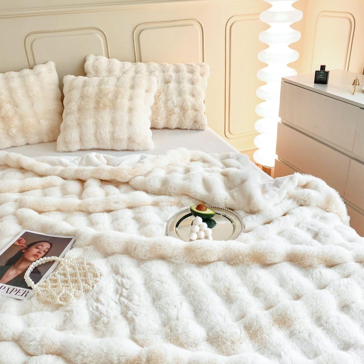 Faux Fur Throw Blanket for Couch Cozy Plush Bubble Blankets Soft Fluffy Thick Rabbit Fur Blankets for Sofa Bedroom Living Room (Cream White, 60"X80")